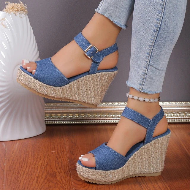 Sophie - Orthopedische Blauwe Denim Sleehak Sandalen