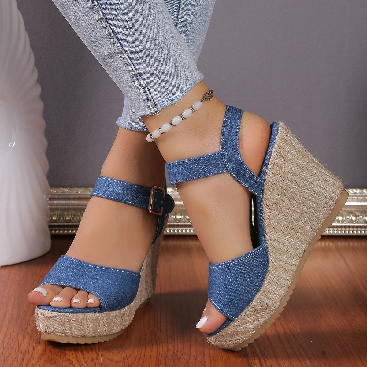 Sophie - Orthopedische Blauwe Denim Sleehak Sandalen