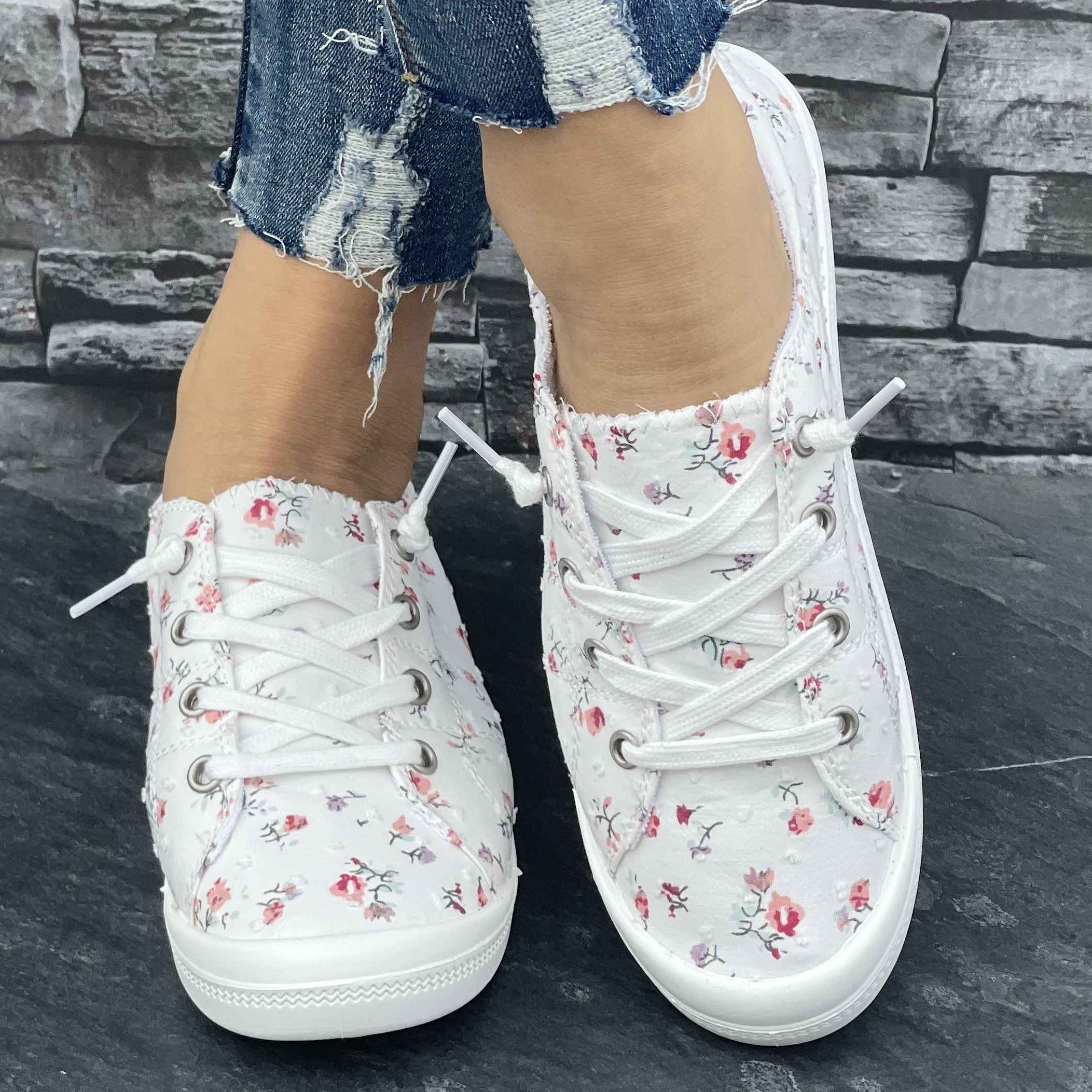 Orthopedische Witte Bloemen Sneakers - Anne